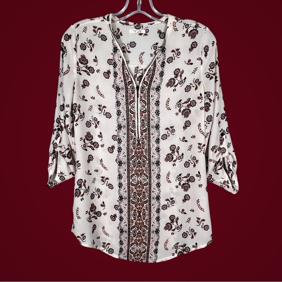 Cream Burgundy Boho Blouse Size XS Zip Neck Detail Tab Slv Festival Oversize Top - Picture 1 of 9
